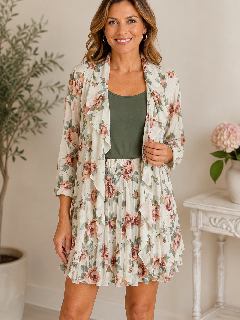 Vintage 2pc Sandi Kent Beverly Hills Crinkle Pleated Cardigan & Skirt Floral O/S